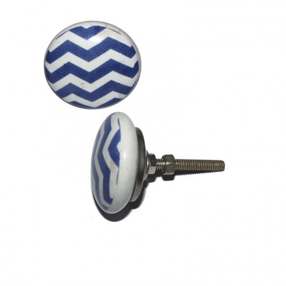 Pomo Cerámica Blanco Zig Zag Azul