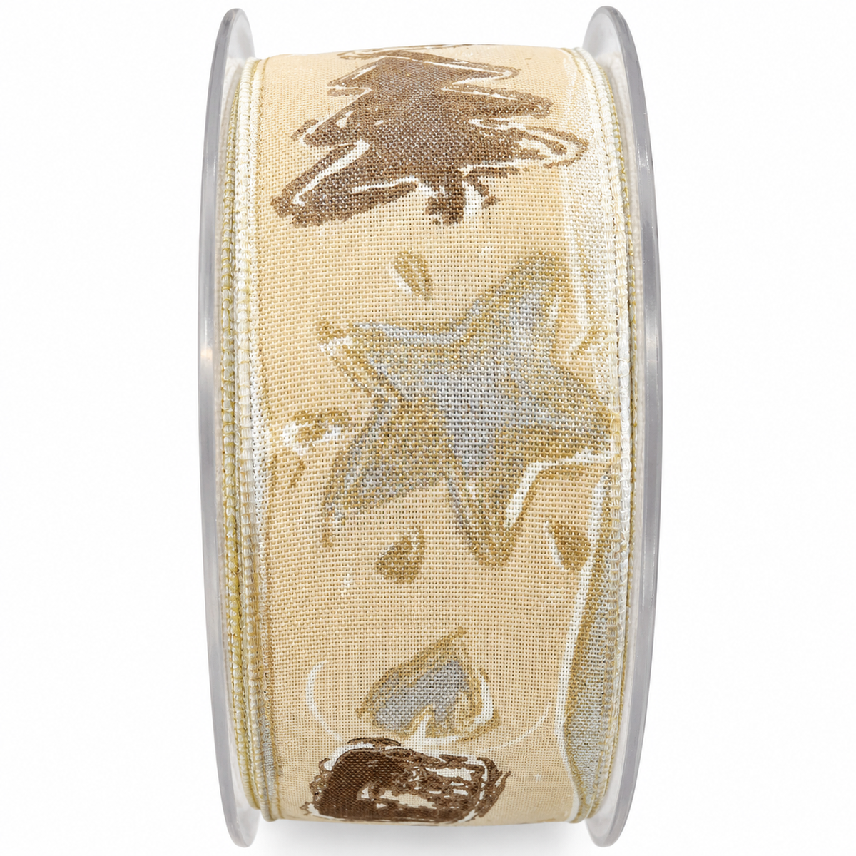 Cinta Navideña Beige con árboles, velas, estrellas 4 cm.1