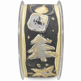 Cinta Navideña Gris con árboles, velas, estrellas 4 cm.
