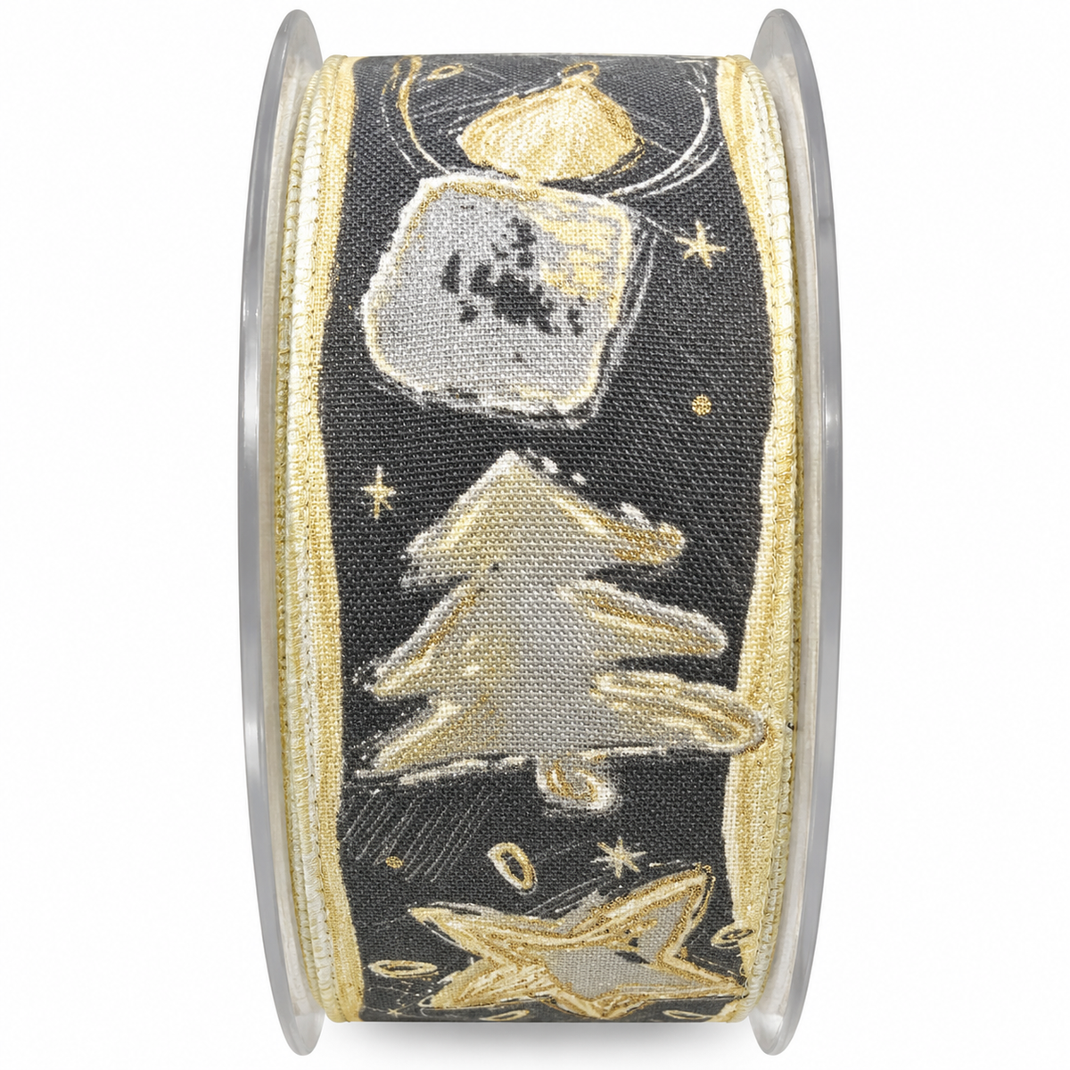 Cinta Navideña Gris con árboles, velas, estrellas 4 cm.