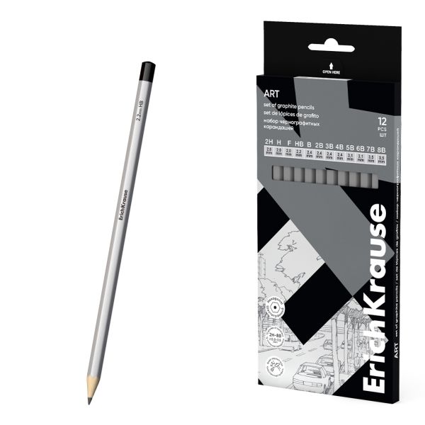 Erichkrause art pack de 12 lapices de grafito - durezas surtidas 2h-8b - cuerpo hexagonal - pegado completo de la mina - facil afilado - color plata