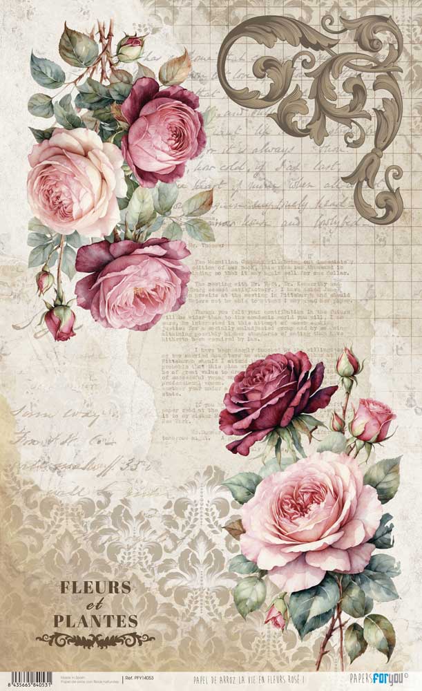 Papel de Arroz 57x33 Cm La Vie en Fleurs Roseé I
