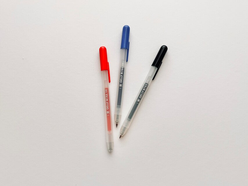 Set de 3 bolígrafos de gel punta retractil color negro, azul, rojo