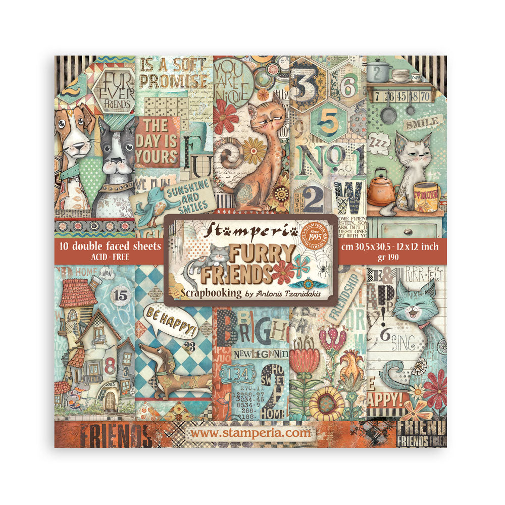 Block 30x30 de Scrapbooking 10 hojas (12"x12") 2 caras - Furry Friends
