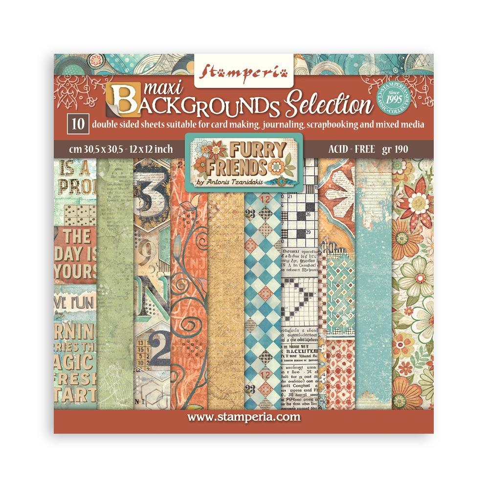 Block 30x30 de Scrapbooking 10 hojas (12"x12") 2 caras Backgrounds selection - Furry Friends