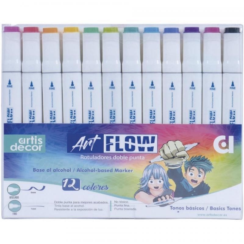 Set 12 rotuladores tonos básicos  ART FLOW con base alcohol doble punta (bisel 6mm /fino 1mm)