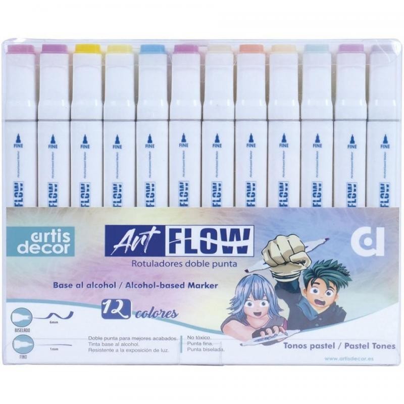 Set 12 rotuladores tonos pastel  ART FLOW con base alcohol doble punta (bisel 6mm /fino 1mm)